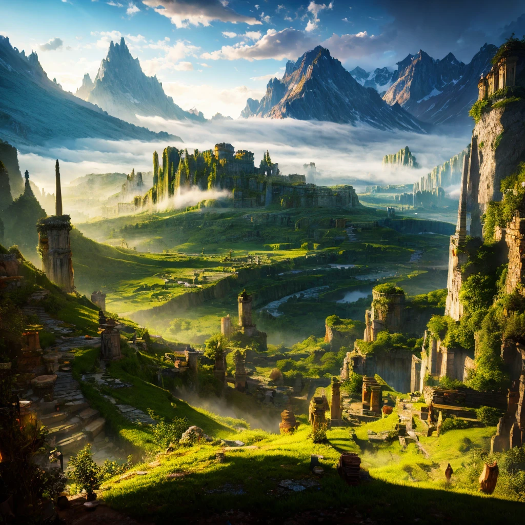 wide angle, panoramic view, a detailed fantasy landscape, enchanted forests, majestic mountains, inspired by tolkien, in the style of john howe, ruins, ruined fortress, best quality, 4k, 8k, highres, masterpiece:1.2, ultra-detailed, realistic, photorealistic, photo-realistic:1.37, hdr, uhd, studio lighting, ultra-fine painting, sharp focus, physically-based rendering, extreme detail description, professional, vivid colors, bokeh, cinematic