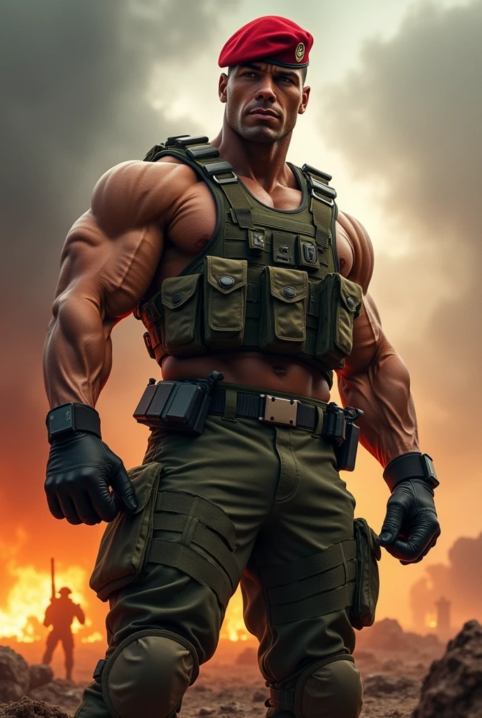 A very handsome big muscular man wearing a soldier combar uniform, with tactical gloves and paratroopers red beret, rolled up sleeves, showing biceps, background a battlefield