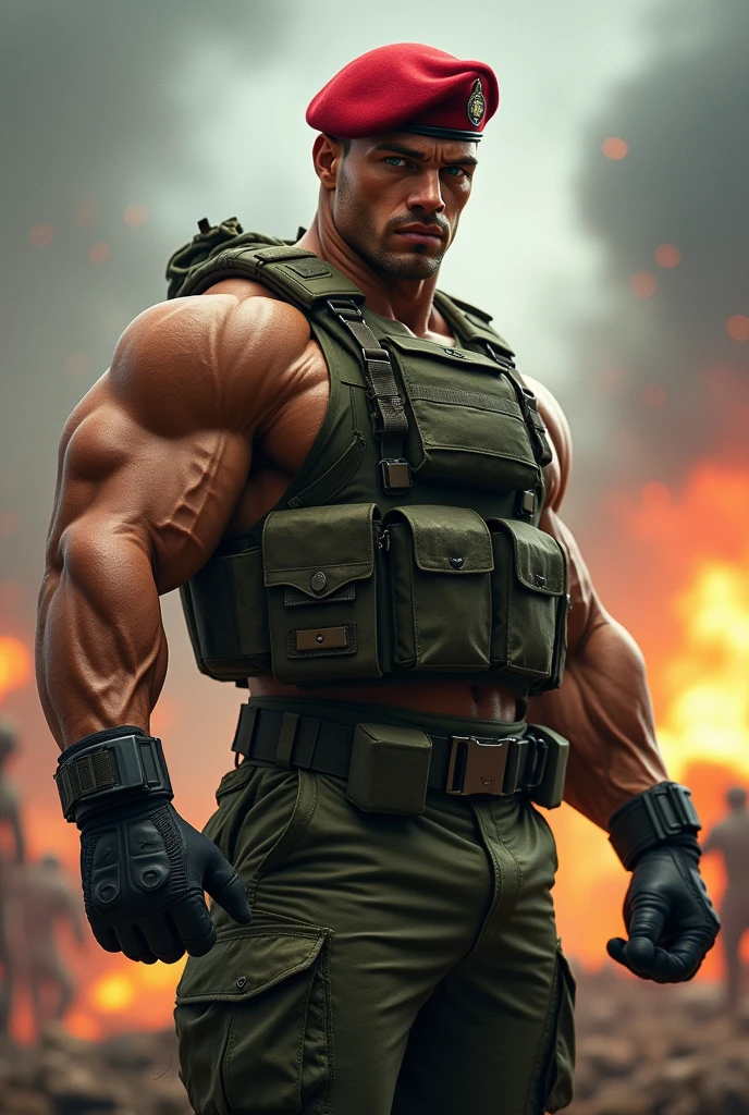 A very handsome big muscular man wearing a soldier combar uniform, with tactical gloves and paratroopers red beret, rolled up sleeves, showing biceps, background a battlefield