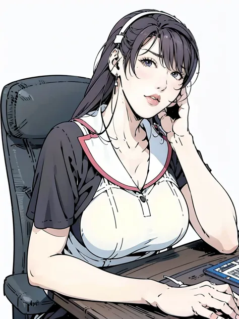 a girl sitting at a desk and wearing headphones is an anime drawing, anime style 4 k, digital anime illustration, digital anime ...