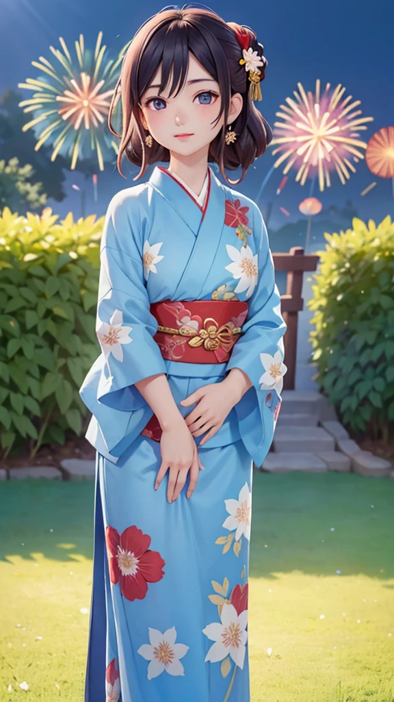 (masterpiece), 8k wallpaper, alone, Watanabe Yo, Game CG, Beautiful and exquisite face and eyes, Perfect Anatomy, Standing, outside, blush, Glossy Lips, Blue and red patterned yukata, firework, Summer festival, jewelry, garden