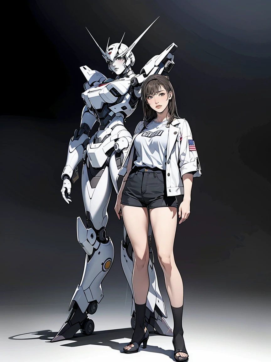 A high school girl wearing shorts and a jacket stands next to a giant robot, artwork in the style of Gwaiz, Cyberpunk Anime Girl Mecha, Trending on cgstation, Gwaiz, By Russell Dongjun Lu, Digital Cyberpunk Unearthed Art, Lostrun 8k, Gwaiz on artstation pixiv, Girl wearing mecha cyber armor