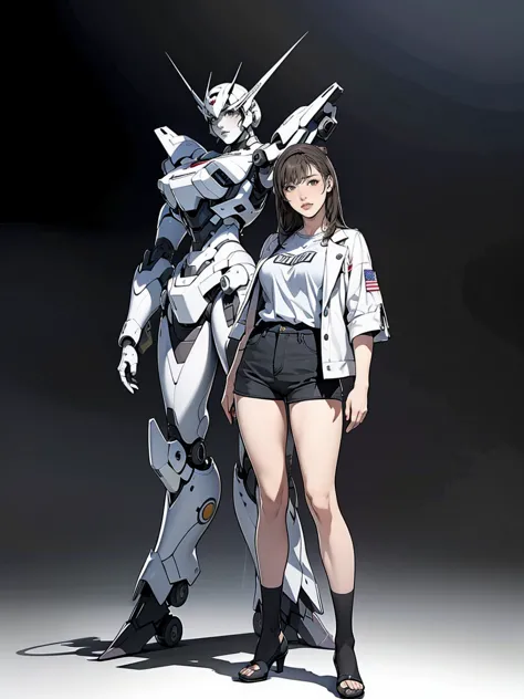 a high school girl wearing shorts and a jacket stands next to a giant robot, artwork in the style of gwaiz, cyberpunk anime girl...