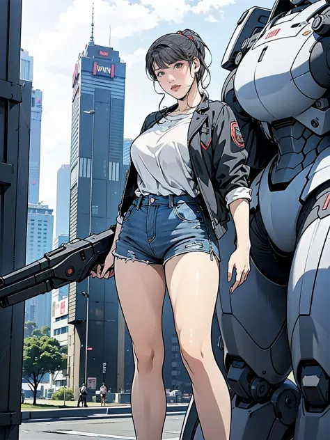 a high school girl wearing shorts and a jacket stands next to a giant robot, artwork in the style of gwaiz, cyberpunk anime girl...