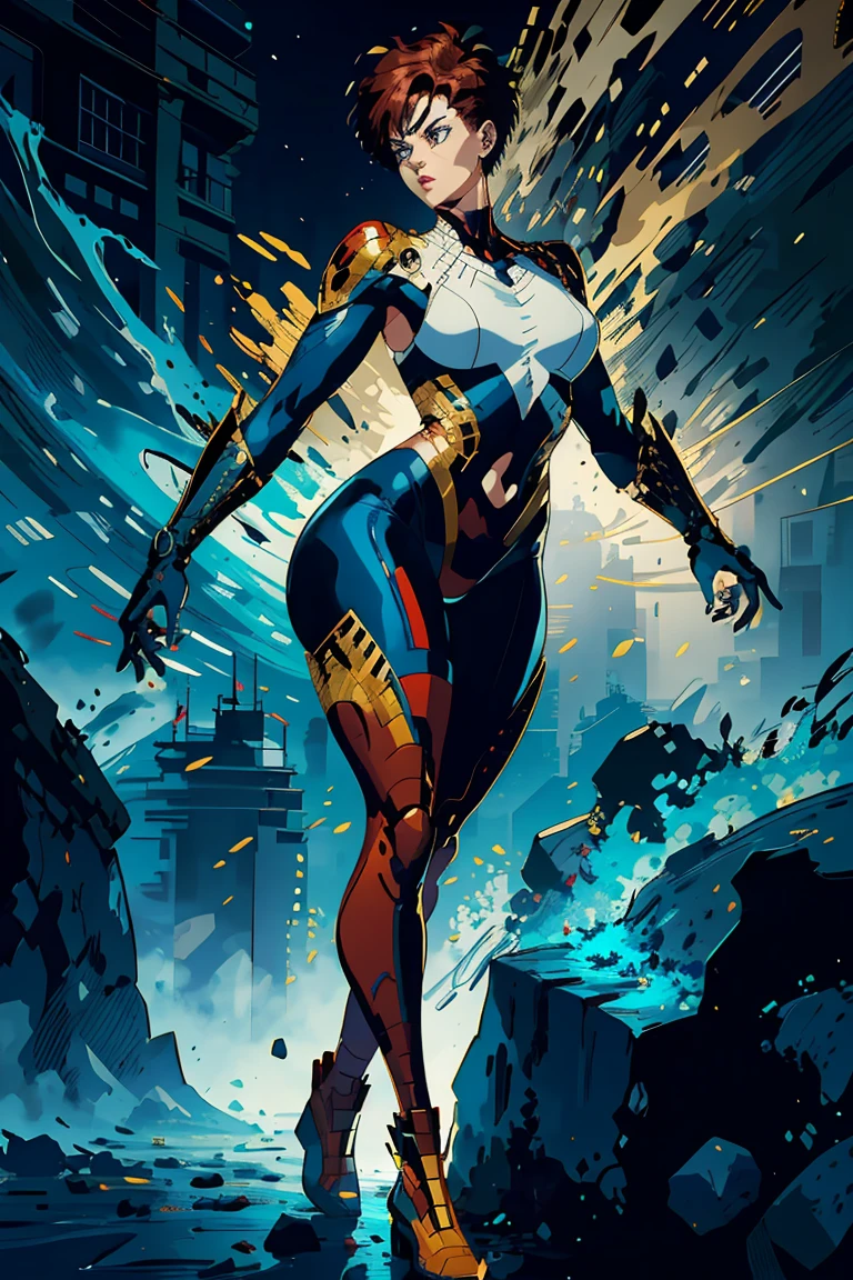 A curvy woman with short red hair, wearing crimson tights, big booty, standing in a dramatic pose with her full body visible, highly detailed, hyper-realistic, vivid colors, masterpiece, Marvel comic style, volumetric lighting, cinematic, dramatic, striking, visually stunning, realistic skin texture, elegant fingers, intricate details