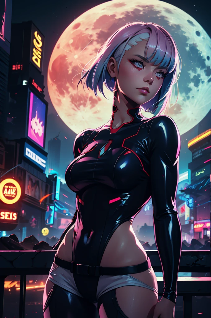 a woman with hair and a black shirt is standing in front of a neon city background with full moon, lois van baarle and rossdraws, portrait of lucy from Cyberpunk Edgerunners, artgerm and lois van baarle, rossdraws 2. 0, rossdraws 1. 0, rossdraws 2. 5, artgerm and rossdraws, artgerm comic, 8K image quality, Masterpiece black background with full moon, 8K image quality, Masterpiece