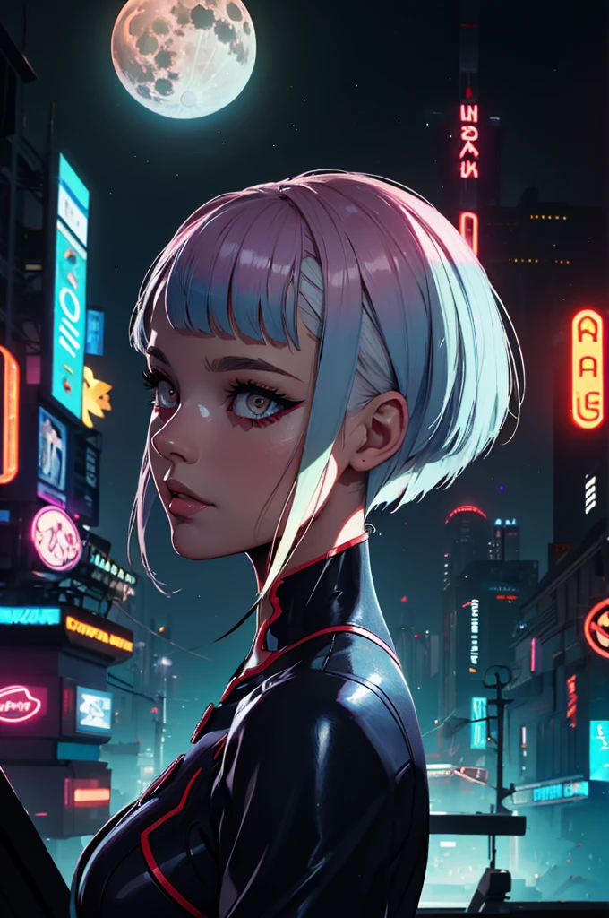 a woman with hair and a black shirt is standing in front of a neon city background with full moon, lois van baarle and rossdraws, portrait of lucy from Cyberpunk Edgerunners, artgerm and lois van baarle, rossdraws 2. 0, rossdraws 1. 0, rossdraws 2. 5, artgerm and rossdraws, artgerm comic, 8K image quality, Masterpiece black background with full moon, 8K image quality, Masterpiece