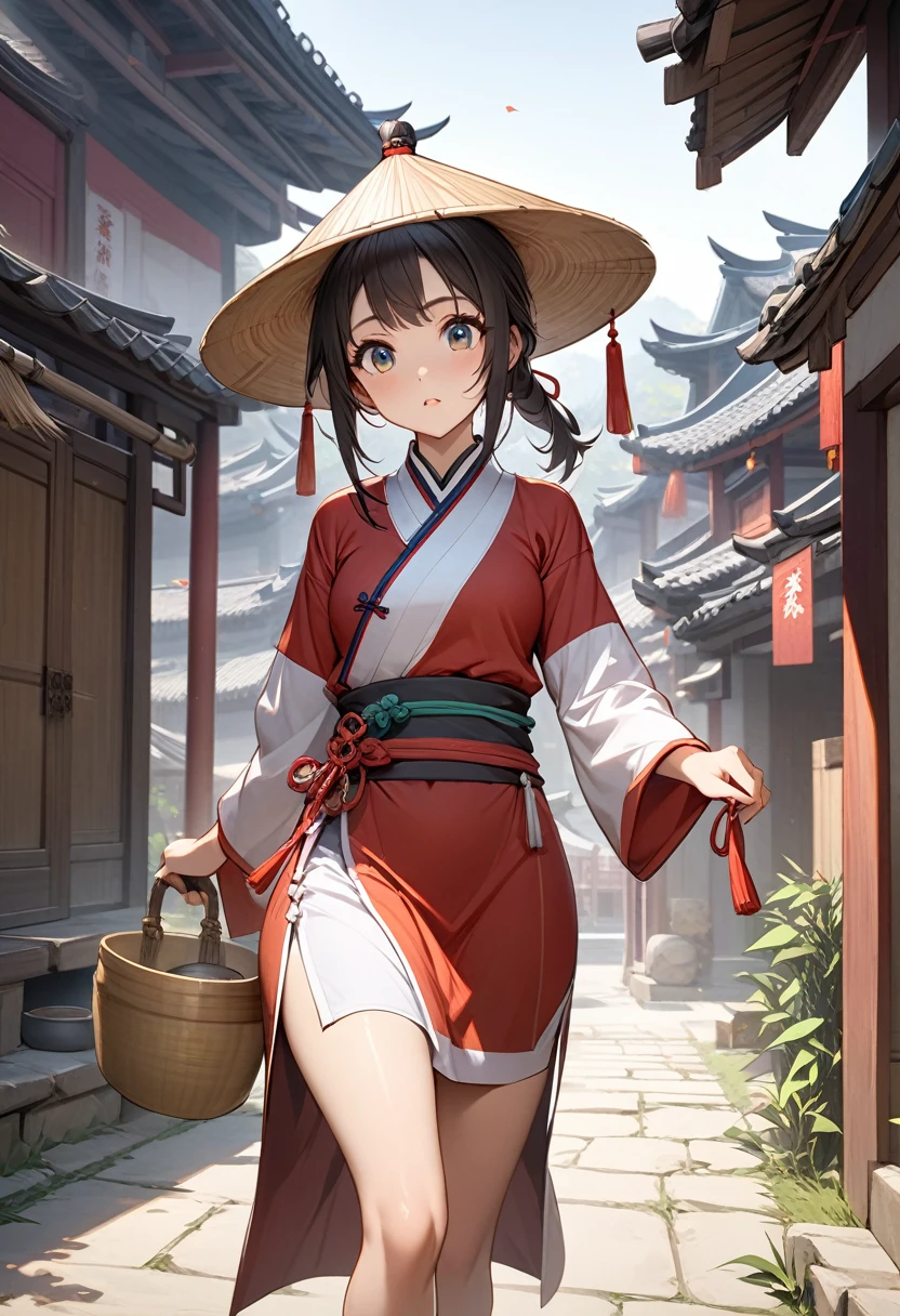 Ultra Quality, Extremely Detailed, High Resolution, Woman, (1girl), medium shot, Chinese Woman, cute eyes, noon, Chinese Ancient Village, villager, villager outfit, Three Kingdoms, stealing, slim athletic body, bamboo hat