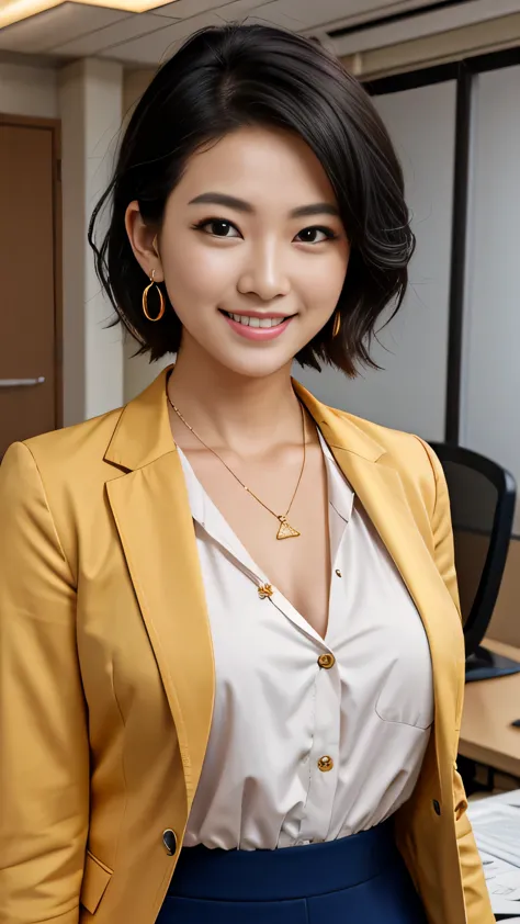 raw photos, high resolution, very detailed, intricate details, 、ear piercing、、short hair、black hair、office lady suits 、jacket、sh...