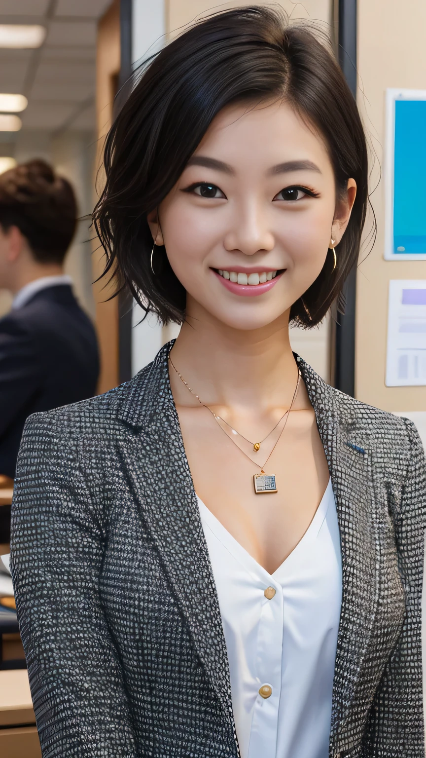 RAW Photos, High resolution, Very detailed, Intricate details, 、ear piercing、、short hair、Black Hair、Office Lady Suits 、Jacket、shirt、smile、Necklace around the neck、, The background is the office
