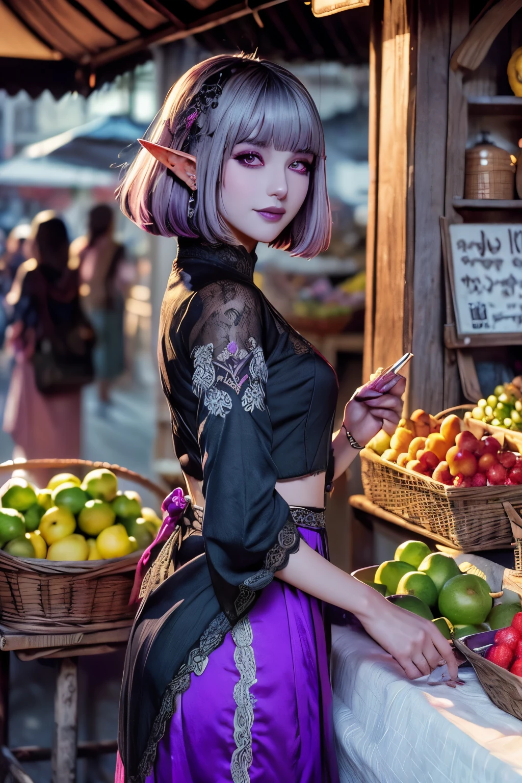 (Ultra-detailed face, looking away, Fantasy Illustration with Gothic, Ukiyo-e, Comic Art, rich tone colors), 
BREAK 
(This is a medieval Asian-style port town on the coast in a warm tropical climate. The morning market is bustling with shoppers and merchants. There are many stalls selling fresh vegetables and fruits, freshly baked bread, side dishes made from fish and meat, coffee and milk.), 
BREAK 
(A dark elf woman smiles and sells freshly caught colorful fruits at her stall. She draws a speech balloon on the screen and with the words "How about fresh and sweet fruits?" written in large letters on a speech balloon. Red apples, strawberries, cherries, orange oranges, mangoes, yellow lemons, bananas, pineapples, green kiwis, melons, grapes, blue grapes, blueberries, indigo black figs, and purple blackberries are arranged to form a colorful gradation.), 
BREAK 
(A young-aged dark elf woman with silver color hair, blunt bangs, Hair in a bun and dark purple color skin, lavender color eyes. She wears smoky makeup around her eyes. She wears dark eyeliner under her eyes.), 
BREAK 
(A dark elf woman wears a pink coral hair ornament, a Victorian white satin blouse and skirt with lace and embroidery, and a small apron.)