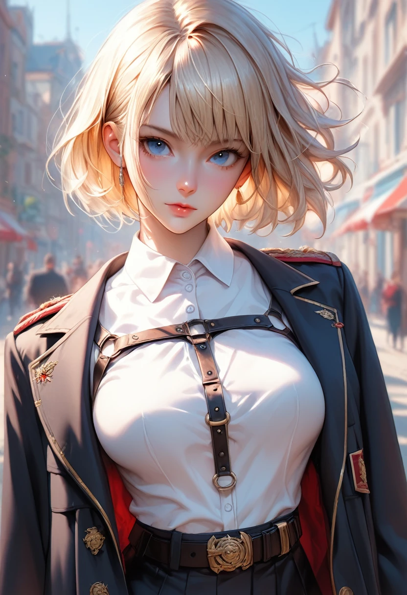 score_9, score_8_up, score_7_up, i want the whole image to be created in 3D anime style, 1girl, solo, breasts, looking at viewer, short hair, bangs, blue eyes, blonde hair, shirt, long sleeves, closed mouth, jacket, white shirt, upper body, outdoors, collared shirt, belt, blurry, uniform, blurry background, emblem, harness, paradis military uniform, chest harness
