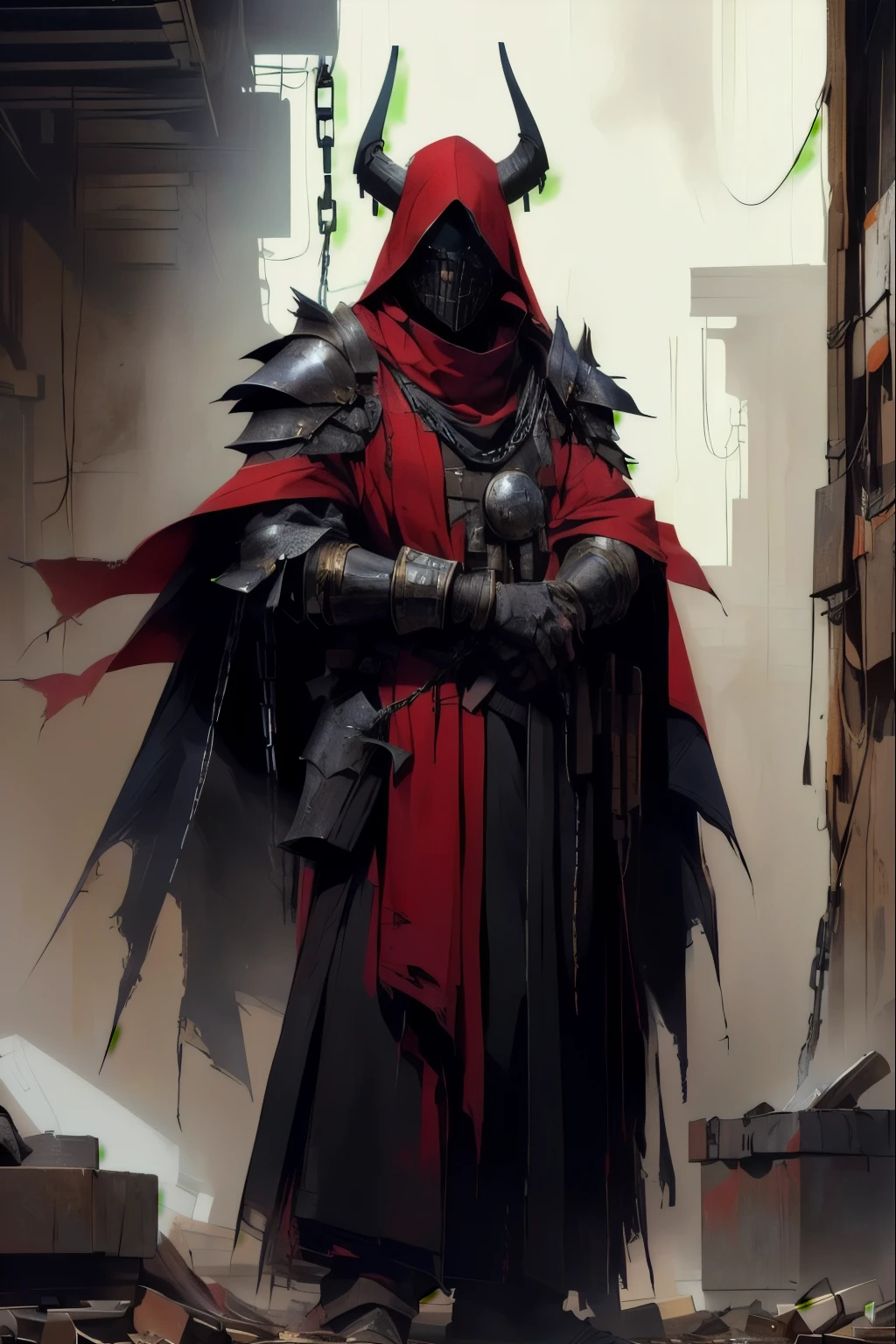 a person in a dim repurposed office space, standing to the left, wearing tattered red robes, has a black mask with a chain veil attached to it that completely conceals face, wears a cowl, jagged scrap metal horns, has torn and tattered robes underneath scrappy leather armor, tattered shoulder cape similar to a simar, hands steepling over naval, leather wrap bracers around forearms. flat shading, drawing outlines, apocalyptic