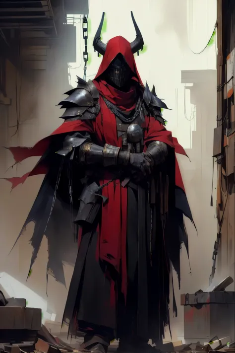 a person in a dim repurposed office space, standing to the left, wearing tattered red robes, has a black mask with a chain veil ...