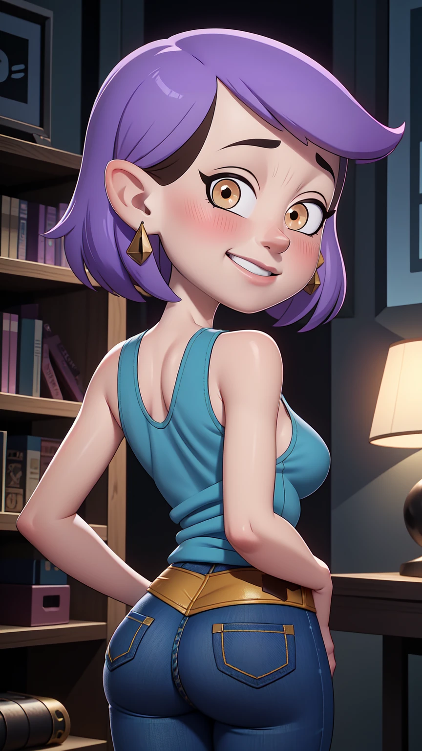 (masterpice, best quality), AmityBlight, short height, young, makeup, black earrings, yellow eyes, short hair, (purple hair:1.4), pointed ears, (((short tank top))), small breasts, amulet, (((tight blue jeans))) , standing, from behind, looking at viewer, seductive smile, naughty face, nose blush