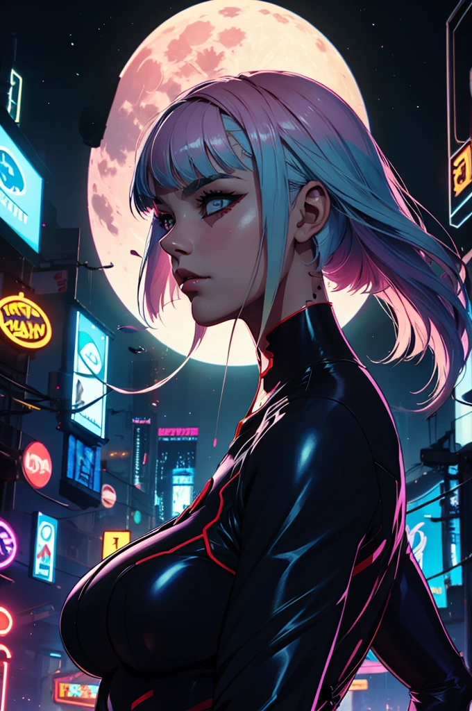 a woman with hair and a black shirt is standing in front of a neon city background with full moon, lois van baarle and rossdraws, portrait of lucy from Cyberpunk Edgerunners, artgerm and lois van baarle, rossdraws 2. 0, rossdraws 1. 0, rossdraws 2. 5, artgerm and rossdraws, artgerm comic, 8K image quality, Masterpiece black background with full moon, 8K image quality, Masterpiece