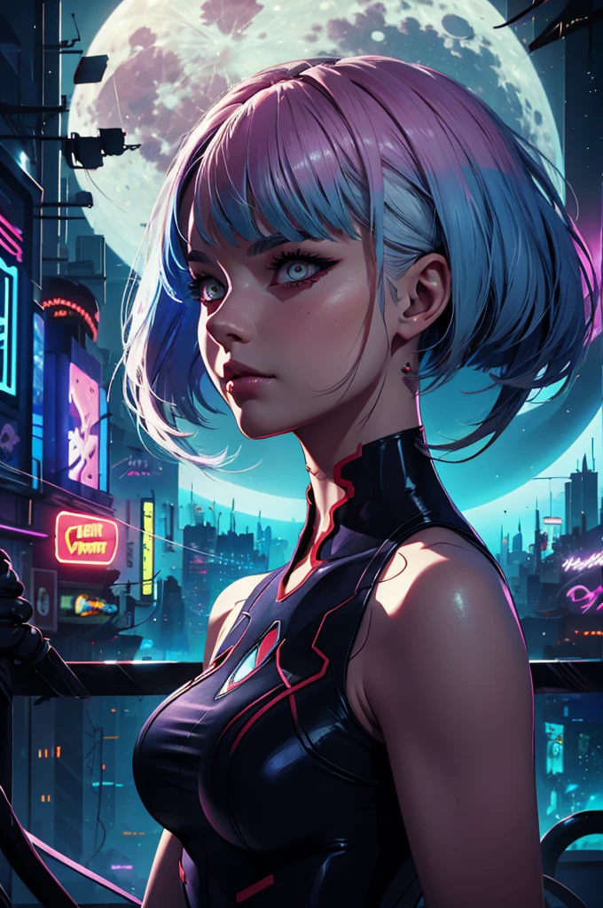 a woman with hair and a black shirt is standing in front of a neon city background with full moon, lois van baarle and rossdraws, portrait of lucy from Cyberpunk Edgerunners, artgerm and lois van baarle, rossdraws 2. 0, rossdraws 1. 0, rossdraws 2. 5, artgerm and rossdraws, artgerm comic, 8K image quality, Masterpiece black background with full moon, 8K image quality, Masterpiece