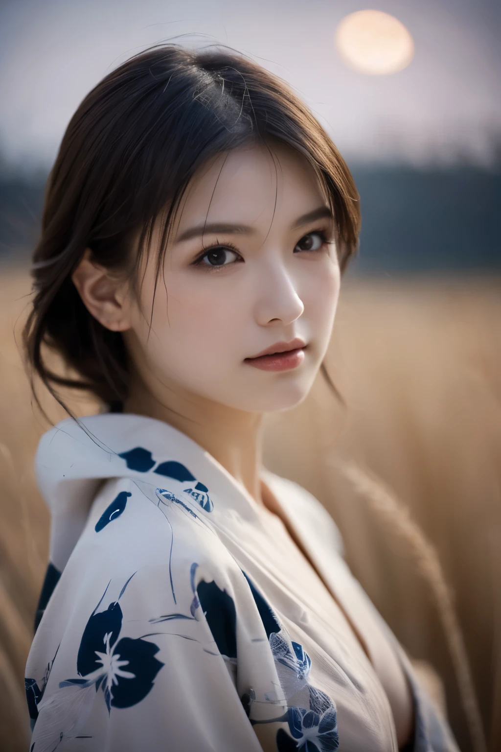 One Girl, (She is wearing a cute yukata:1.2), (Beautiful Japanese idol portrait photos),
(The background is a moonlit night with silver grass fields.:1.3),
(RAW Photos, Highest quality), (Realistic, photo-Realistic:1.4), masterpiece, 8K Portrait,
Very delicate and beautiful, Very detailed, 2k wallpaper, wonderful, In detail, Very detailed CG unity 8k wallpaper, 
Very detailed, High resolution, 
Soft Light, Beautiful detailed woman, Very detailed eyes and face, Beautiful and sophisticated nose, Beautiful attention to detail,
Cinema Lighting, Perfect Anatomy, 
Slender body, Small breasts, Medium Hair, Hair blowing in the wind, Bokeh, Dynamic angles, (Elegant and sophisticated atmosphere)