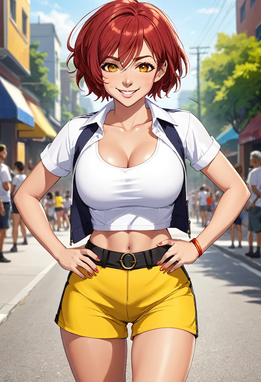 (woman, short medium red hair, ahoge, yellow eyes, smiling, tanned skin,) white shirt, cleavage, big breast, athletic body, exposed midriff, red shorts, boots, gaunlets
