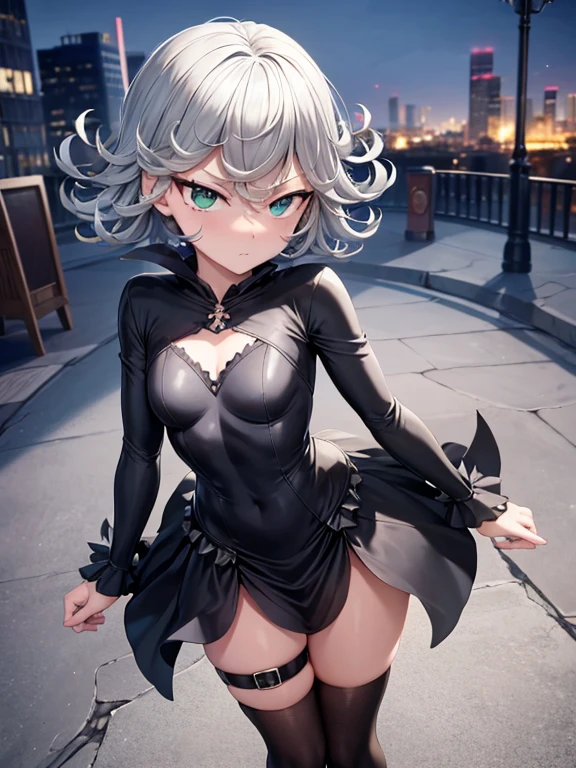 Masterpiece, best quality, ultra detailed, illustration, lighting epic, cinematic composition, 1 girl, Tatsumaki, short hair, green hair, very small breasts, green eyes, bright eyes, pouting, blushing, closed mouth, piercing gaze, full body, Very tall, Silver hood, Metal spikes, Silver wristbands, Long black gloves with spikes, Silver gothic outfit, Gothic lolita, Gray dress, victorian, Metal emblem, Black belt, Metal skin, Black stockings, Black shoes, City stop, City background, Anime