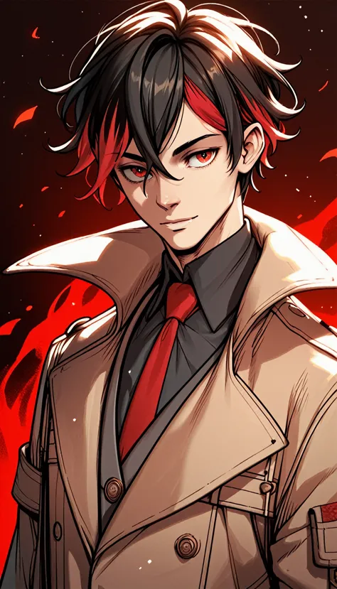 male, vampire, medium black hair with red highlights on hair, red-eyed, trenchcoat, beautiful body, score_9, score_8_up, score_7...