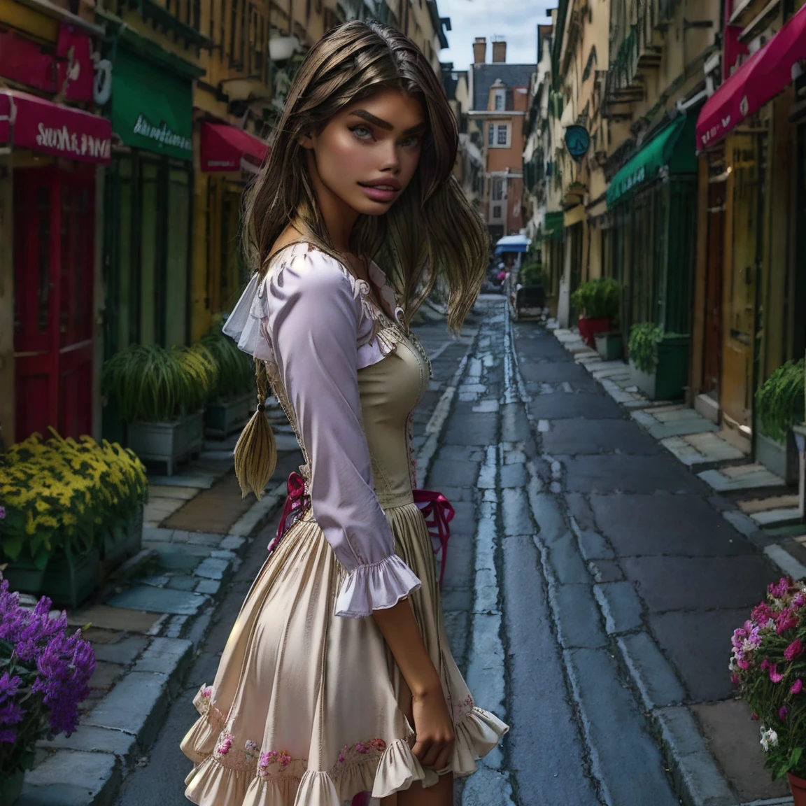 slmn, sara sampaio,1girl, skinny,  petite, blonde, masterpiece,best quality,highres,ultra-detailed,aadarjeeling,braid,bangs,medieval,long sleeves, rapunzel dress is a red-colored gown with puffed sleeves and a corset-style bodice. The bodice is typically decorated with intricate lace or floral embroidery. The skirt flows out from the waist, made of layers of soft, pastel-colored fabric, such as chiffon or tulle.outdoors,standing,:smile,half body shot, from side