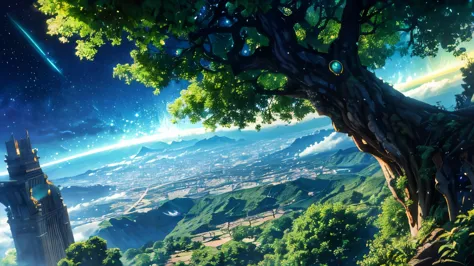 imagine a sprawling city built on top of giant, ancient trees that pierce the clouds. anime characters with flowing clothes and ...