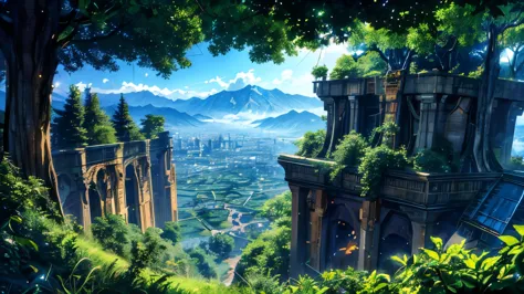 imagine a sprawling city built on top of giant, ancient trees that pierce the clouds. anime characters with flowing clothes and ...