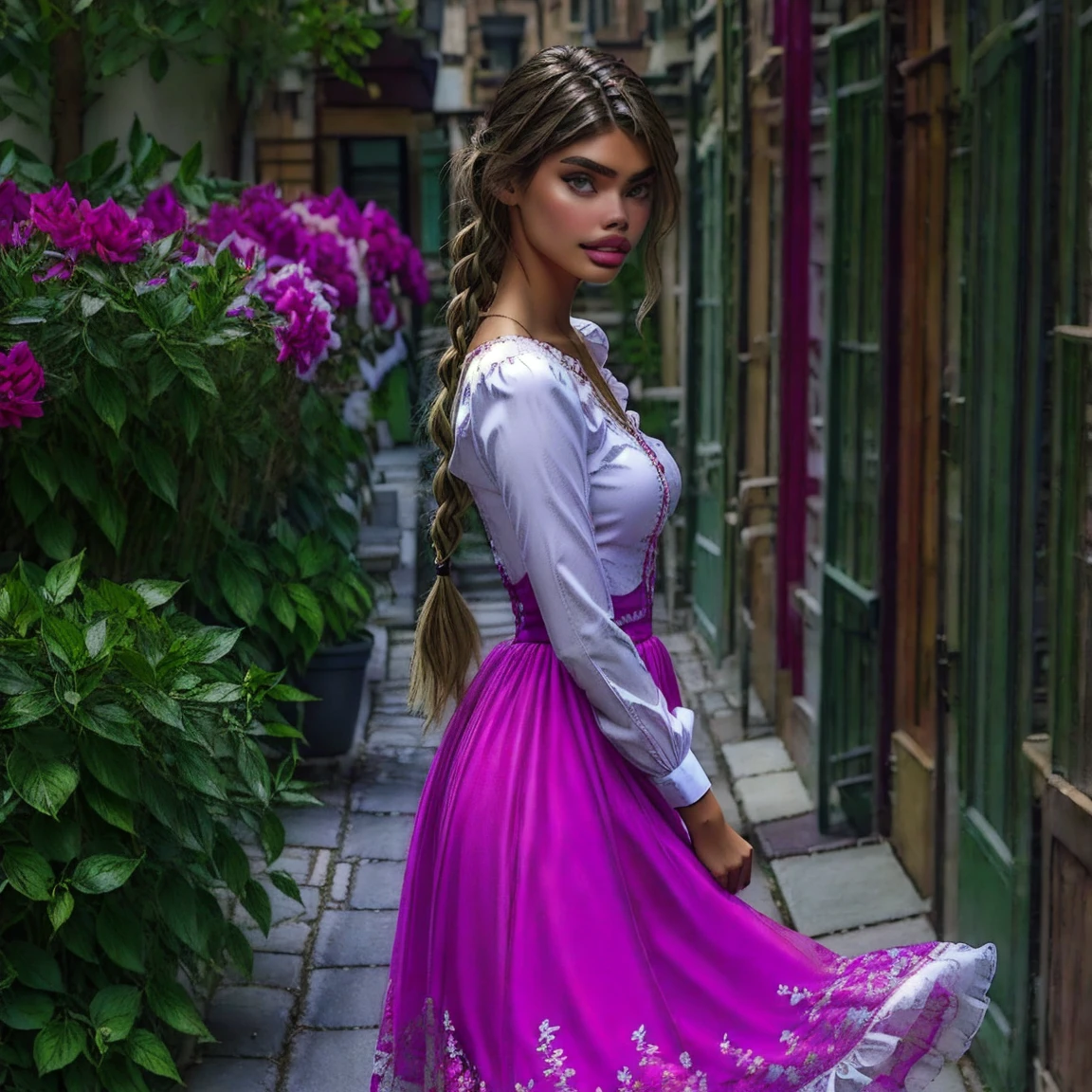 slmn, sara sampaio,1girl, skinny,  petite, blonde, masterpiece,best quality,highres,ultra-detailed,aadarjeeling,braid,bangs,medieval,long sleeves, rapunzel dress is a red-colored gown with puffed sleeves and a corset-style bodice. The bodice is typically decorated with intricate lace or floral embroidery. The skirt flows out from the waist, made of layers of soft, pastel-colored fabric, such as chiffon or tulle.old village,standing,:smile, from side