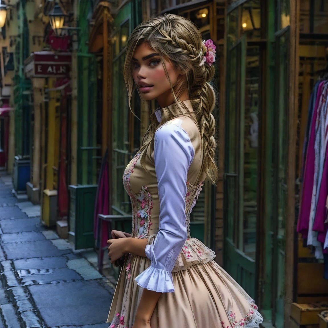 slmn, sara sampaio,1girl, skinny,  petite, blonde, masterpiece,best quality,highres,ultra-detailed,aadarjeeling,braid,bangs,medieval,long sleeves, rapunzel dress is a red-colored gown with puffed sleeves and a corset-style bodice. The bodice is typically decorated with intricate lace or floral embroidery. The skirt flows out from the waist, made of layers of soft, pastel-colored fabric, such as chiffon or tulle.old village,standing,:smile, from side