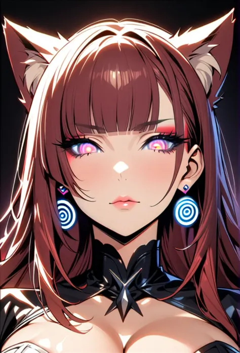 1girl, face focus, zoomed in, cleavage, hypnotic eyes, swirl pattern earrings, (sharp detail perfect face), (cat ears), (cat gir...