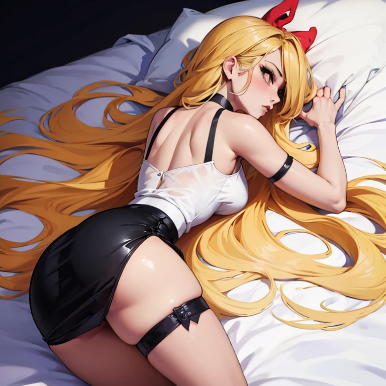 1girl, ass, solo, on_stomach, lying, from_behind, thighs, black pencil skirt, facing_away, bare_shoulders, back, choker, white_background, bed_sheet, blonde_hair, tank_top,