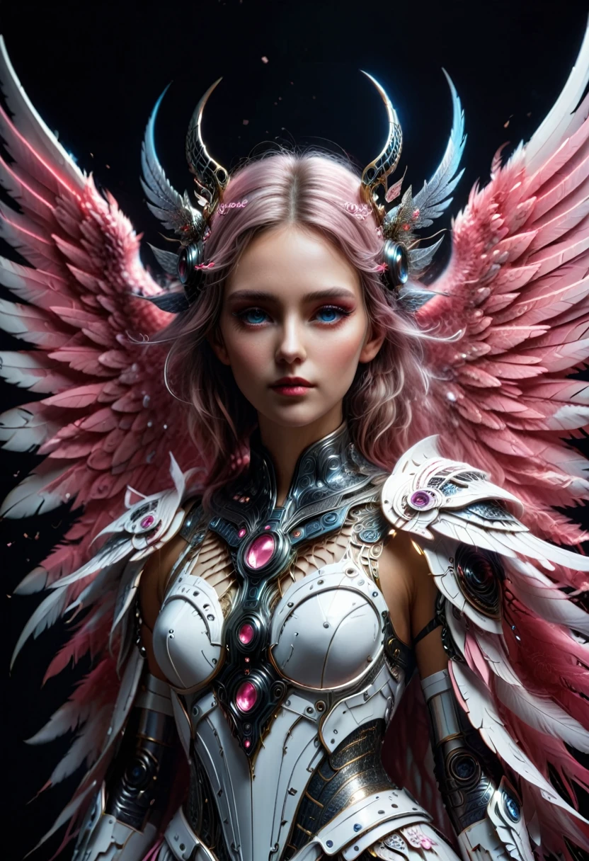 ((raw photo)), ((masterpiece)), anthropomorphic humanoid AngelGirl wearing white noble robe, intricate detail, futobot, intricate Greebles pieces, sky behind, pink, beautiful wings, detailed eyes and lips