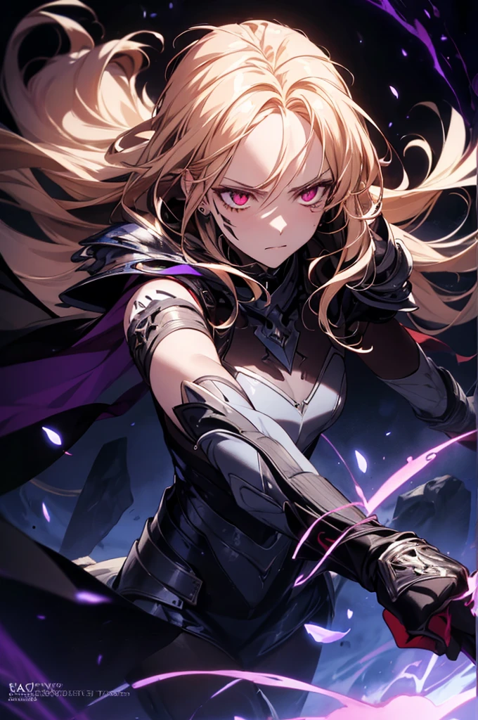 photorealistic, masterpiece, best quality, (detailed anime, video game art, extremely detailed CG unity 8k wallpaper), (best quality), (best illustration), (best shadow), absurdres, realistic lighting, (Abyss), illustration of a powerful, muscular female character with long, flowing blonde hair and piercing red eyes, clad in dark, angular armor that clings to her form. The character is adorned with black, claw-like markings or tattoos on her body, exuding an aura of danger and mysticism. She wields a weapon infused with dark, arcane energy, surrounded by a dynamic, swirling purple aura that crackles with raw power. The background is a chaotic, otherworldly environment, featuring a sky filled with swirling clouds, purple lightning, and dark, stormy tones of black, deep purples, and blues. The primary light source is the electric purple energy emanating from the weapon, casting sharp, dramatic shadows and highlighting the character's intense, brooding expression. The overall mood is dark, intense, and charged with apocalyptic energy, capturing a scene of impending battle or supernatural confrontation, flaming eye, eye trail, Oni, demon, runic bodysuit, glowing armor, red aura