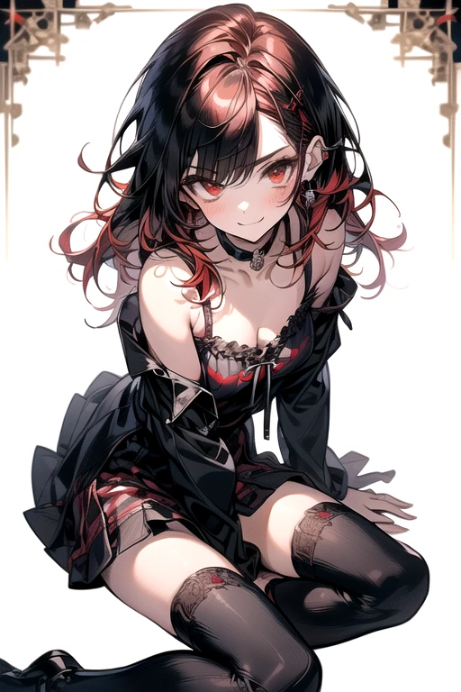 (Highest quality,Precise depiction,Accurate body depiction,Detailed Costume,Precise Background),Beautiful Girl,Beautiful breasts,Very small breasts,Slanted Eyes,(Black Hair:Red hair:1.5),(Gothic Punk:1.5),(camisole,Black jacket,Red checked skirt:1.3),(Red eyeshadow,Black mascara,Choker,Knee-high socks:1.3),(Sit with one knee raised:1.5),Provocative pose:1.5,(Pull down your panties:1.5,camisoleをめくる:1.3)