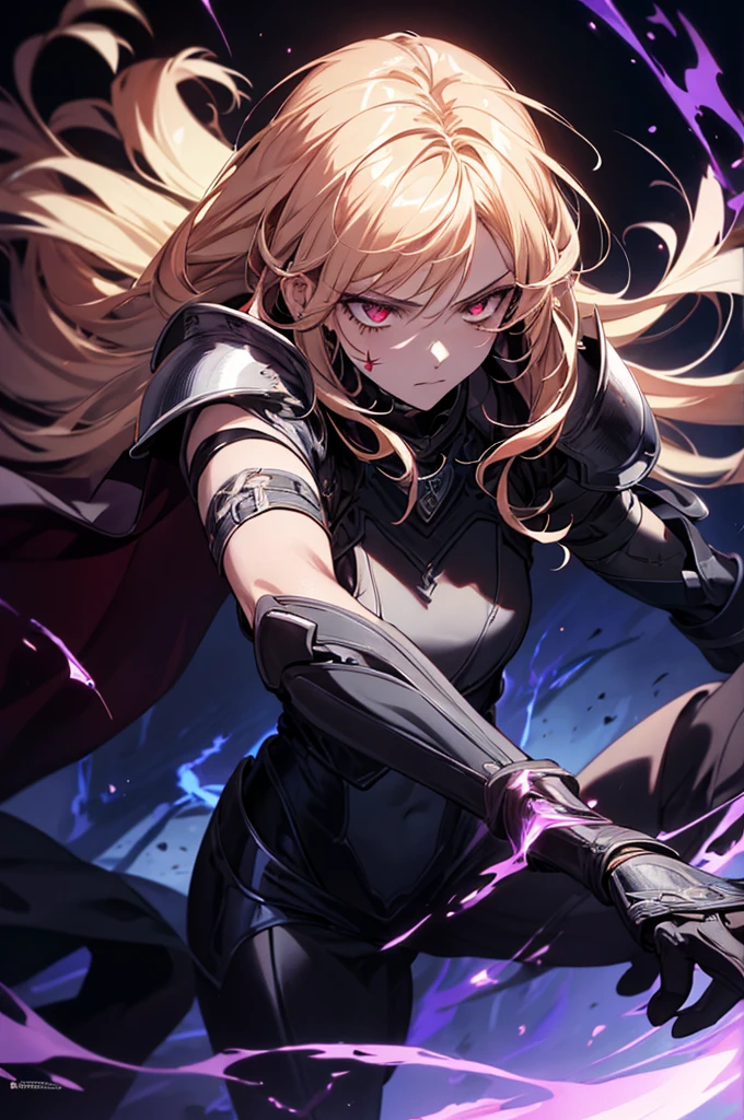 photorealistic, masterpiece, best quality, (detailed anime, video game art, extremely detailed CG unity 8k wallpaper), (best quality), (best illustration), (best shadow), absurdres, realistic lighting, (Abyss), illustration of a powerful, muscular female character with long, flowing blonde hair and piercing red eyes, clad in dark, angular armor that clings to her form. The character is adorned with black, claw-like markings or tattoos on her body, exuding an aura of danger and mysticism. She wields a weapon infused with dark, arcane energy, surrounded by a dynamic, swirling purple aura that crackles with raw power. The background is a chaotic, otherworldly environment, featuring a sky filled with swirling clouds, purple lightning, and dark, stormy tones of black, deep purples, and blues. The primary light source is the electric purple energy emanating from the weapon, casting sharp, dramatic shadows and highlighting the character's intense, brooding expression. The overall mood is dark, intense, and charged with apocalyptic energy, capturing a scene of impending battle or supernatural confrontation, flaming eye, eye trail, Oni, demon, runic bodysuit, glowing armor, red aura