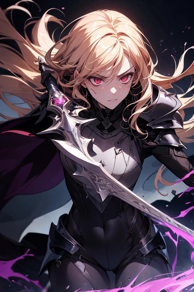 photorealistic, masterpiece, best quality, (detailed anime, video game art, extremely detailed CG unity 8k wallpaper), (best quality), (best illustration), (best shadow), absurdres, realistic lighting, (Abyss), illustration of a powerful, muscular female character with long, flowing blonde hair and piercing red eyes, clad in dark, angular armor that clings to her form. The character is adorned with black, claw-like markings or tattoos on her body, exuding an aura of danger and mysticism. She wields a weapon infused with dark, arcane energy, surrounded by a dynamic, swirling purple aura that crackles with raw power. The background is a chaotic, otherworldly environment, featuring a sky filled with swirling clouds, purple lightning, and dark, stormy tones of black, deep purples, and blues. The primary light source is the electric purple energy emanating from the weapon, casting sharp, dramatic shadows and highlighting the character's intense, brooding expression. The overall mood is dark, intense, and charged with apocalyptic energy, capturing a scene of impending battle or supernatural confrontation, flaming eye, eye trail, Oni, demon, runic bodysuit, glowing armor, red aura