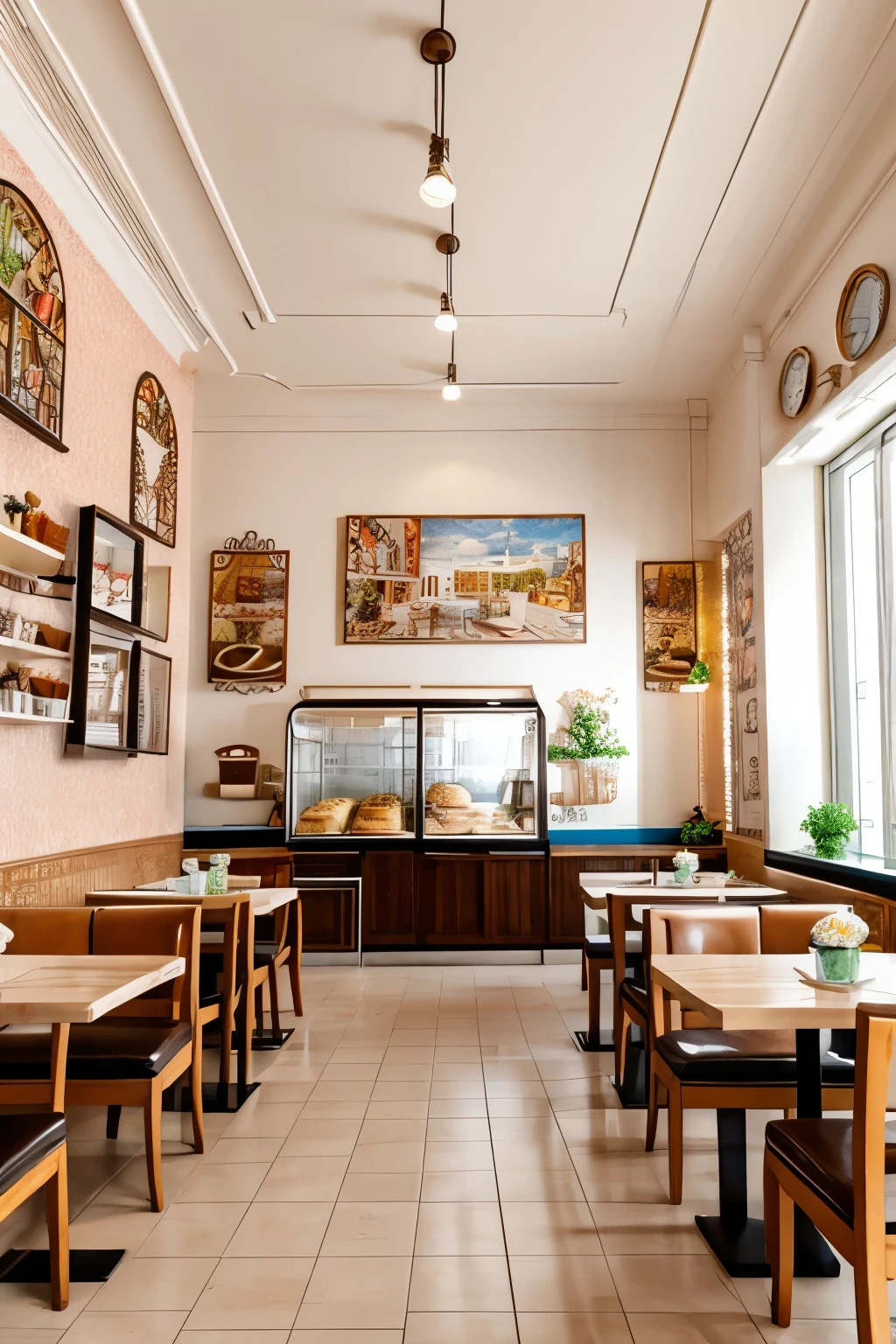 High quality, high detailed interior of a bakery, decorated beautifully and cutesy with art on the walls, as well as seating