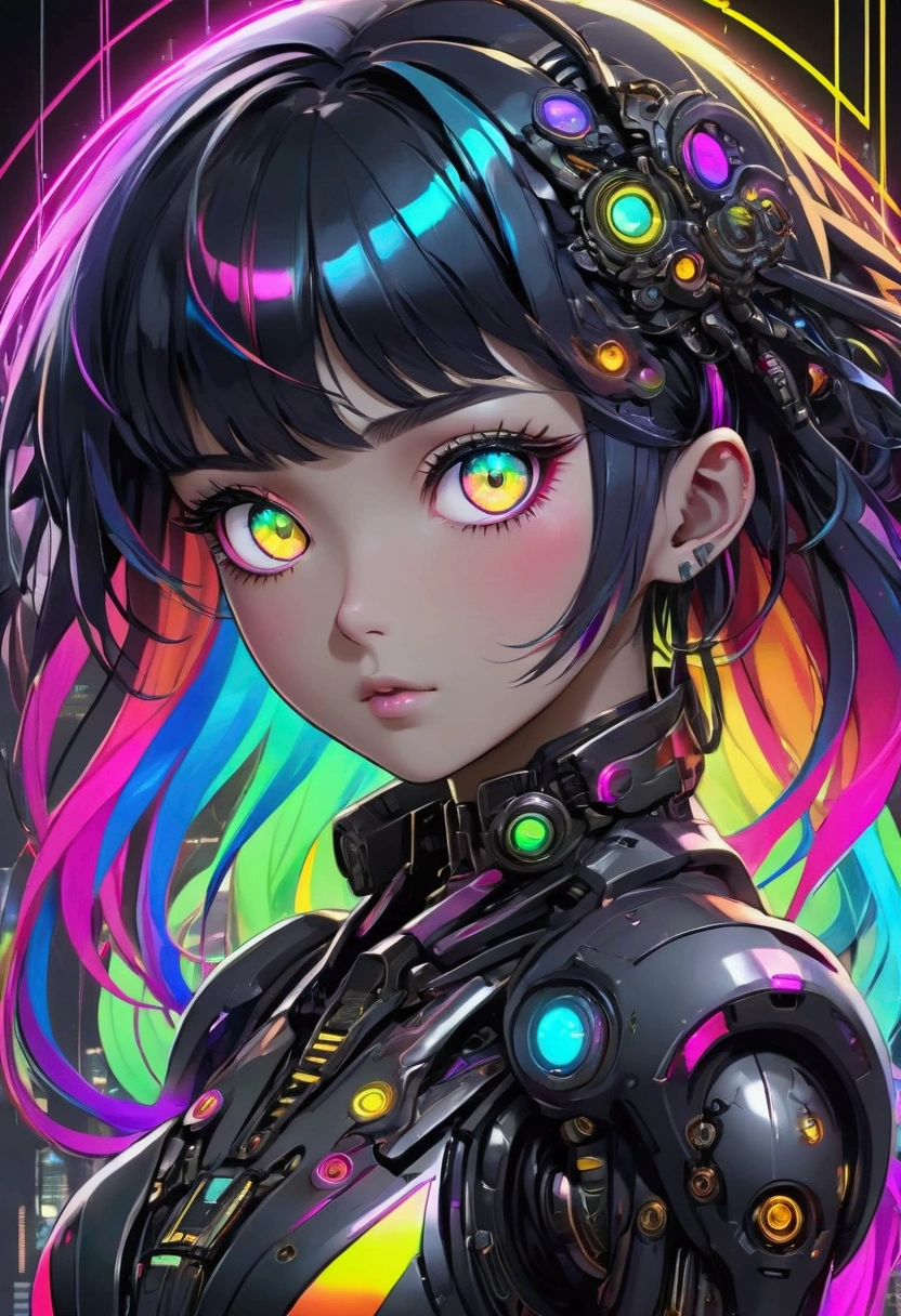 ((best quality)), ((masterpiece)), (detailed), perfect face of cyberpunk mecha japanese girl, neon rainbow eyes, metallic black body, rainbow hair, ((monochromatic neon rainbow color palette)), surreal, art nouveau, 