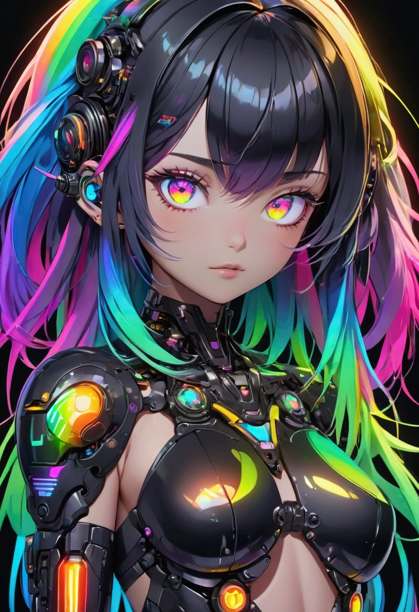 ((best quality)), ((masterpiece)), (detailed), perfect face of cyberpunk mecha japanese girl, neon rainbow eyes, metallic black body, rainbow hair, ((monochromatic neon rainbow color palette)), surreal, art nouveau, small breasts, micro bikini, 
