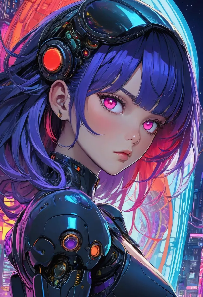 ((best quality)), ((masterpiece)), (detailed), perfect face of cyberpunk mecha japanese girl, neon rainbow eyes, metallic black ...