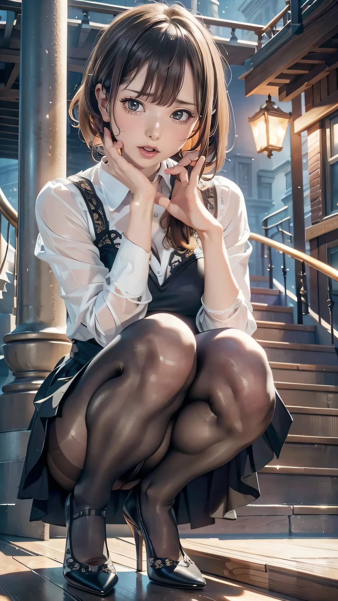 8K RAW Photos、High resolution、1 daughter、layered hair、Formal shirts、formal skirt、smile、long eyelashes、beautiful double eyelids、eye shadow、beautiful and thin legs、(super realistic pantyhose:1.3)、short hair、In front of the station at night、stairs at night、squat、Please sit down、Luxury High Heels、(intricate details:1.4),(realistic:1.4),octane rendering, Super detailed complex 3D rendering, soft light in the studio, rim light, vivid details, Super detailed, realistic skin texture, Surface details, Beautiful eyes in every detail, Highly detailed CG Unity 8K wallpaper, compensate, (detailed background:1.2),