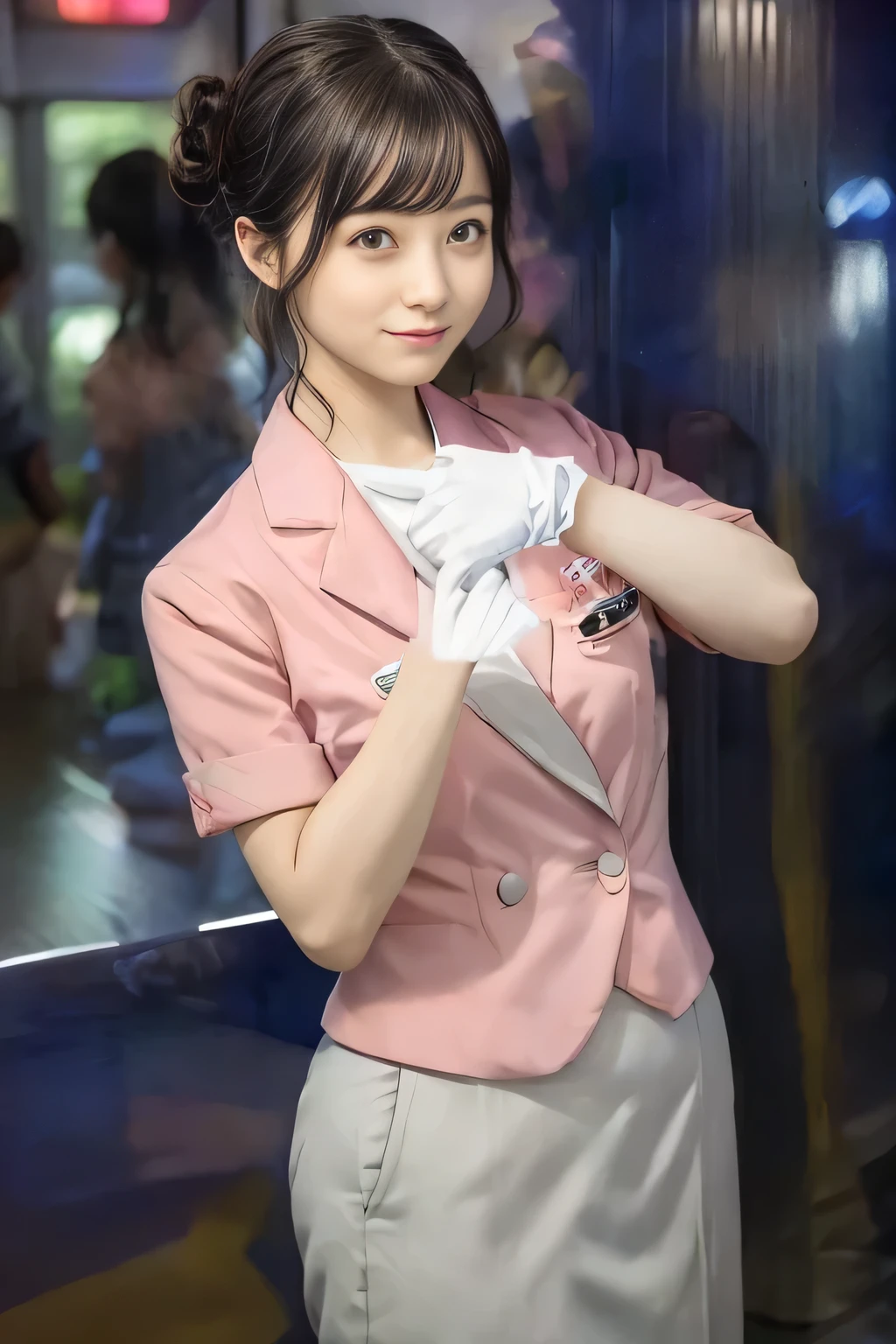 (masterpiece:1.2, Highest quality:1.2), 32k HDR, High resolution, (alone、1 girl)、（On the roof of a building in the daytime、Professional Lighting）、Building rooftop background、（Nankai train crew uniform pinkを着たリアルスタイル）、（Nankai Railway crew uniform, pink, short sleeve, collarless, pink jacket、Nankai Railway crew uniform pink no-collar short-sleeve blouse、Nankai Railway crew uniform pink grey knee-length culottes）、（（The bottom of the pink short-sleeved jacket cannot be tucked into the clay-colored culottes..））、Dark brown hair、（Hair tied up、Hair Bun、Hair Bun）、Dark brown hair、Long Shot、Big Breasts、Thin legs、（（Great hands：2.0）），（（Harmonious body proportions：1.5）），（（Normal limbs：2.0）），（（Normal finger：2.0）），（（Delicate eyes：2.0）），（（Normal eyes：2.0））)、smile、（Nankai Railway crew uniform pink grey knee-length culottesを見せた美しい立ち姿）、
