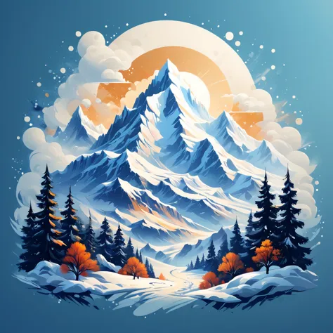 t-shirt design, painting of a snow mountain with big snowfall, a detailed painting by petros afshar, shutterstock contest winner...