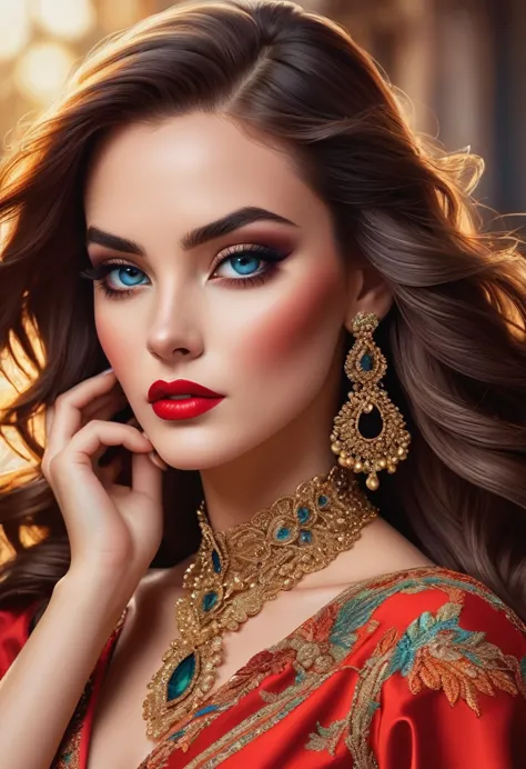 beautiful woman, dramatic makeup, elegant attire, striking features, long flowing hair, intense eyes, flawless skin, bold lipsti...