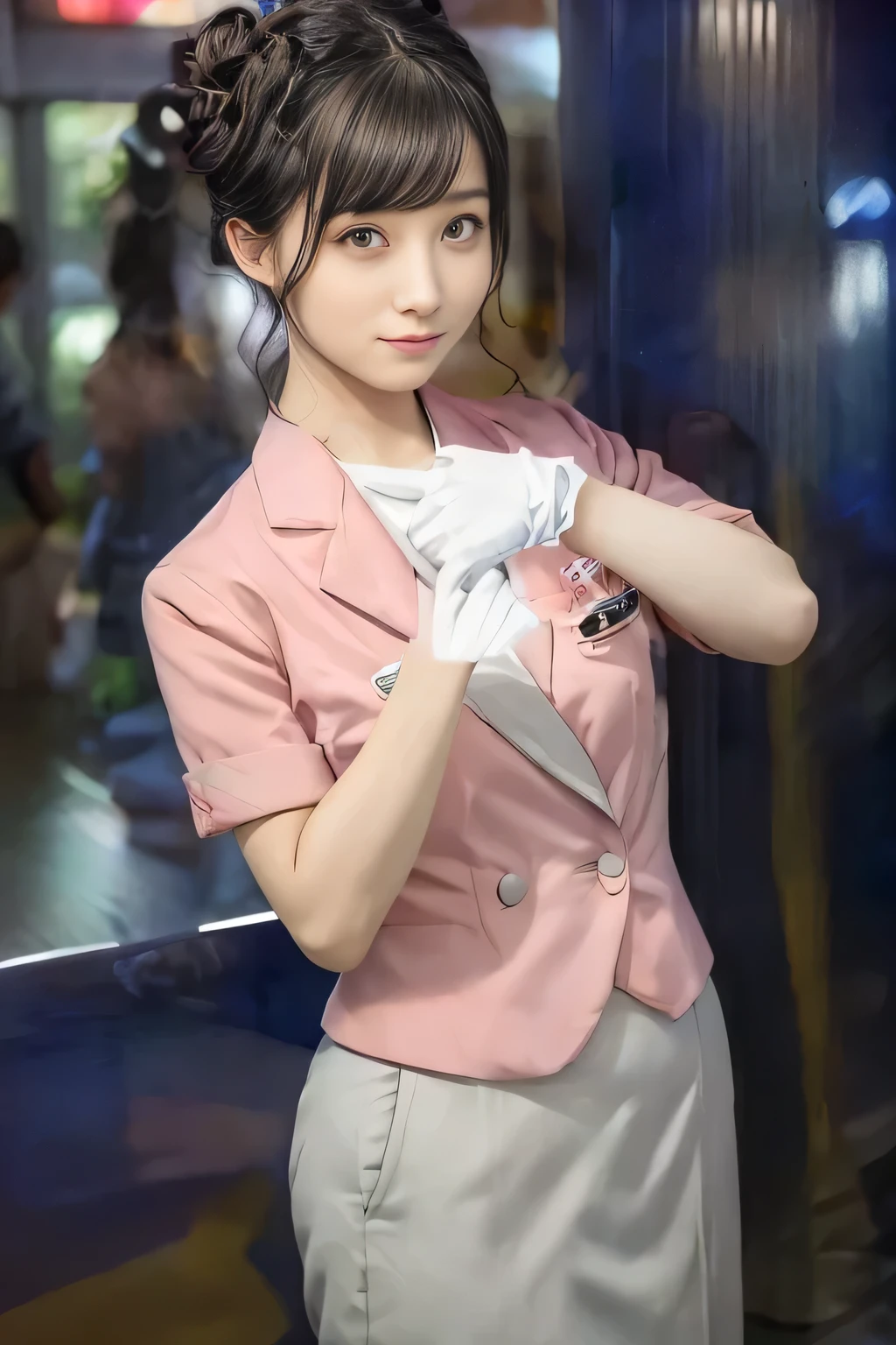 (masterpiece:1.2, Highest quality:1.2), 32k HDR, High resolution, (alone、1 girl)、（On the roof of a building in the daytime、Professional Lighting）、Building rooftop background、（Nankai train crew uniform pinkを着たリアルスタイル）、（Nankai Railway crew uniform, pink, short sleeve, collarless, pink jacket、Nankai Railway crew uniform pink no-collar short-sleeve blouse、Nankai Railway crew uniform pink grey knee-length culottes）、（（The bottom of the pink short-sleeved jacket cannot be tucked into the clay-colored culottes..））、Dark brown hair、（Hair tied up、Hair Bun、Hair Bun）、Dark brown hair、Long Shot、Big Breasts、Thin legs、（（Great hands：2.0）），（（Harmonious body proportions：1.5）），（（Normal limbs：2.0）），（（Normal finger：2.0）），（（Delicate eyes：2.0）），（（Normal eyes：2.0））)、smile、（Nankai Railway crew uniform pink grey knee-length culottesを見せた美しい立ち姿）、
