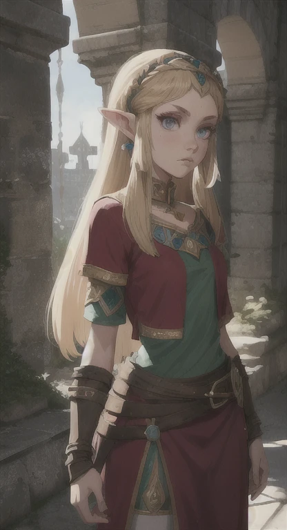 Young Ancient Sheikah, age 14, Princess Kelryna, looking at viewer, ancient armor, long messy hair, ancient Hyrule, Monolyn castle, 