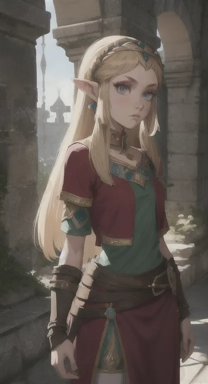 young ancient sheikah, age 14, princess kelryna, looking at viewer, ancient armor, long messy hair, ancient hyrule, monolyn cast...