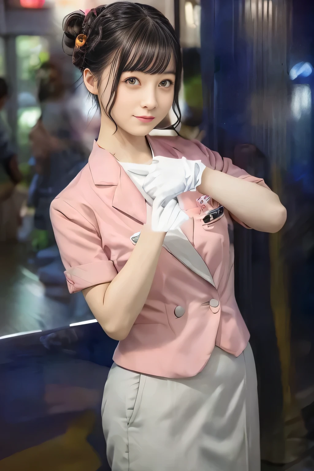 (masterpiece:1.2, Highest quality:1.2), 32k HDR, High resolution, (alone、1 girl)、（On the roof of a building in the daytime、Professional Lighting）、Building rooftop background、（Nankai train crew uniform pinkを着たリアルスタイル）、（Nankai Railway crew uniform, pink, short sleeve, collarless, pink jacket、Nankai Railway crew uniform pink no-collar short-sleeve blouse、Nankai Railway crew uniform pink grey knee-length culottes）、（（The bottom of the pink short-sleeved jacket cannot be tucked into the clay-colored culottes..））、Dark brown hair、（Hair tied up、Hair Bun、Hair Bun）、Dark brown hair、Long Shot、Big Breasts、Thin legs、（（Great hands：2.0）），（（Harmonious body proportions：1.5）），（（Normal limbs：2.0）），（（Normal finger：2.0）），（（Delicate eyes：2.0）），（（Normal eyes：2.0））)、smile、（Nankai Railway crew uniform pink grey knee-length culottesを見せた美しい立ち姿）、
