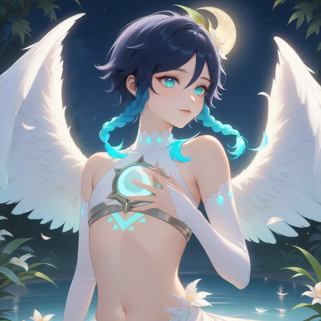 (best quality,4k,8k,highres,masterpiece:1.2),1boy,venti,genshin impact,ultra-detailed,(realistic:0.25),wearing white,bare shoulders,bare stomach,bridal gauntlets,large fluffy white feathered_wings,night,moon reflection,intricate details,delicate,pastel color palette,elegant curves,effects of light and shadow,subtle reflections,face focus,sharp focus,white flower petals falling,ethereal atmosphere,elysium,soft starlight filtering through trees,lush plant life,cool blue toned blossoms,harmonious blend of nature and art,transcendent beauty,awe-inspiring artwork,flat chest,navy gradient hair in twin braids,graceful pose,glowing hair, glowing eyes,glowing chest tattoo,Award Winning,pixiv_fantasia,artstation trending,Super Detailed, 